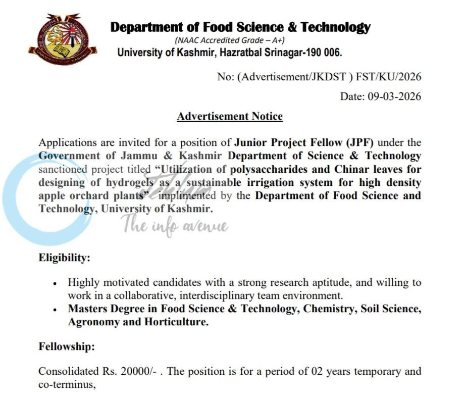 University of Kashmir KU Department of Food Science and Technology Srinagar JPF employment opportunities notice Advertisement/JKDST/FST/KU/2026