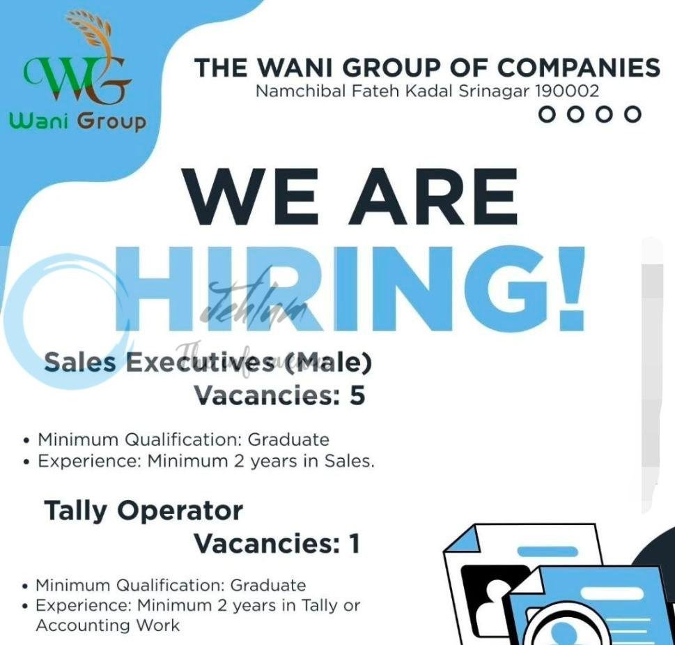 The Wani Group of Companies Srinagar Sales Executives/Tally Operator job opportunities 2026