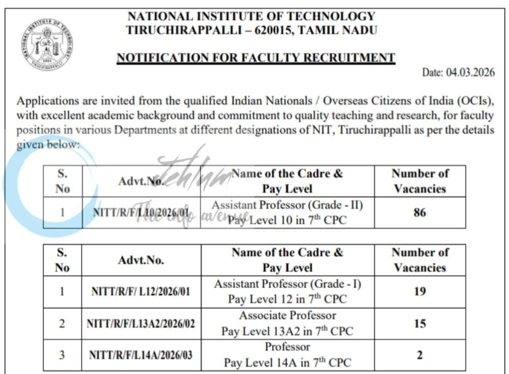National Institute of Technology Tiruchirappalli NIT Trichy Assistant/ Associate Professor Recruitment Advt 2026