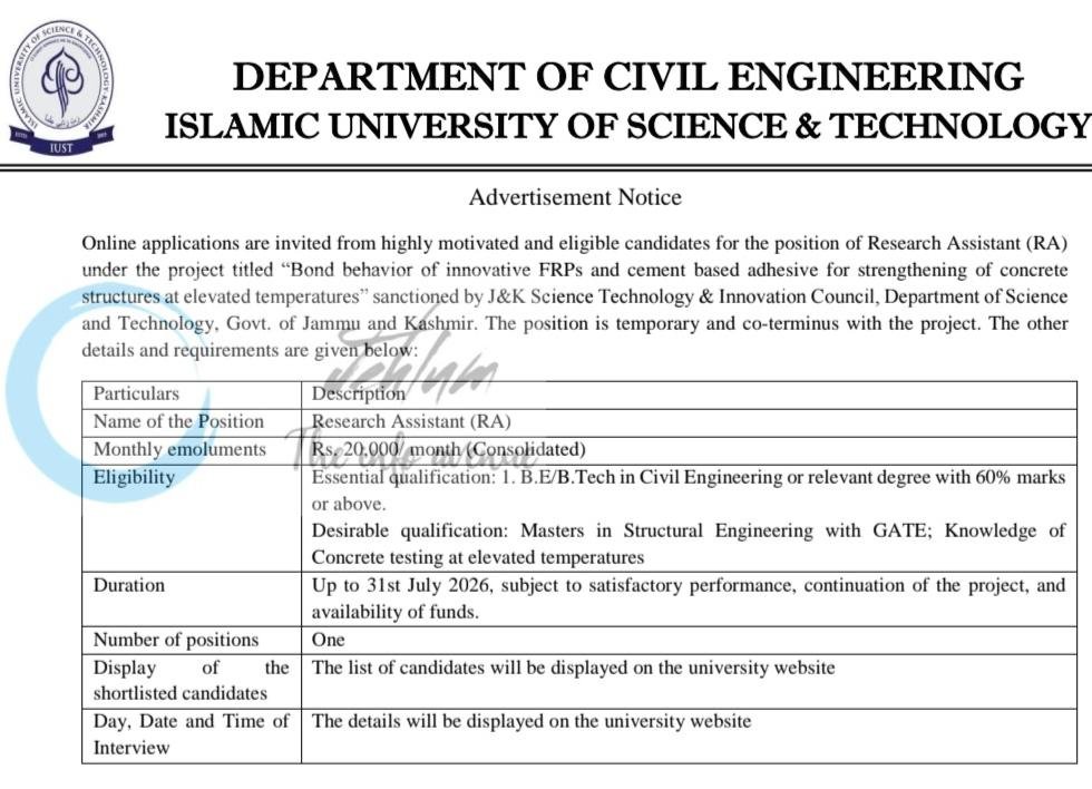 Islamic University of Science & Technology IUST Awantipora Deptt of Civil Engineering Research Assistant Recruitment Advt No 157/2026