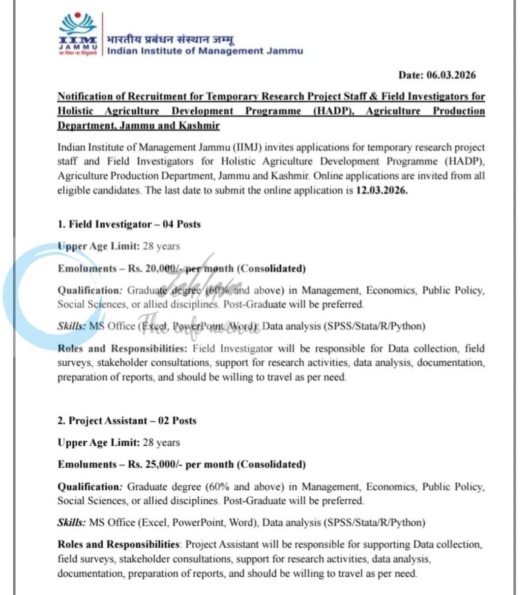 Indian Institute of Management Jammu IIMJ HADP Field Investigator/Project Associate job opportunities 2026