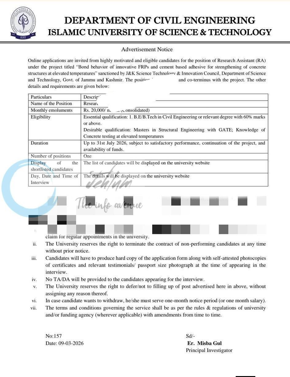 Islamic University of Science and Technology IUST Kashmir Civil Engineering Research Assistant employement opportunities 2026