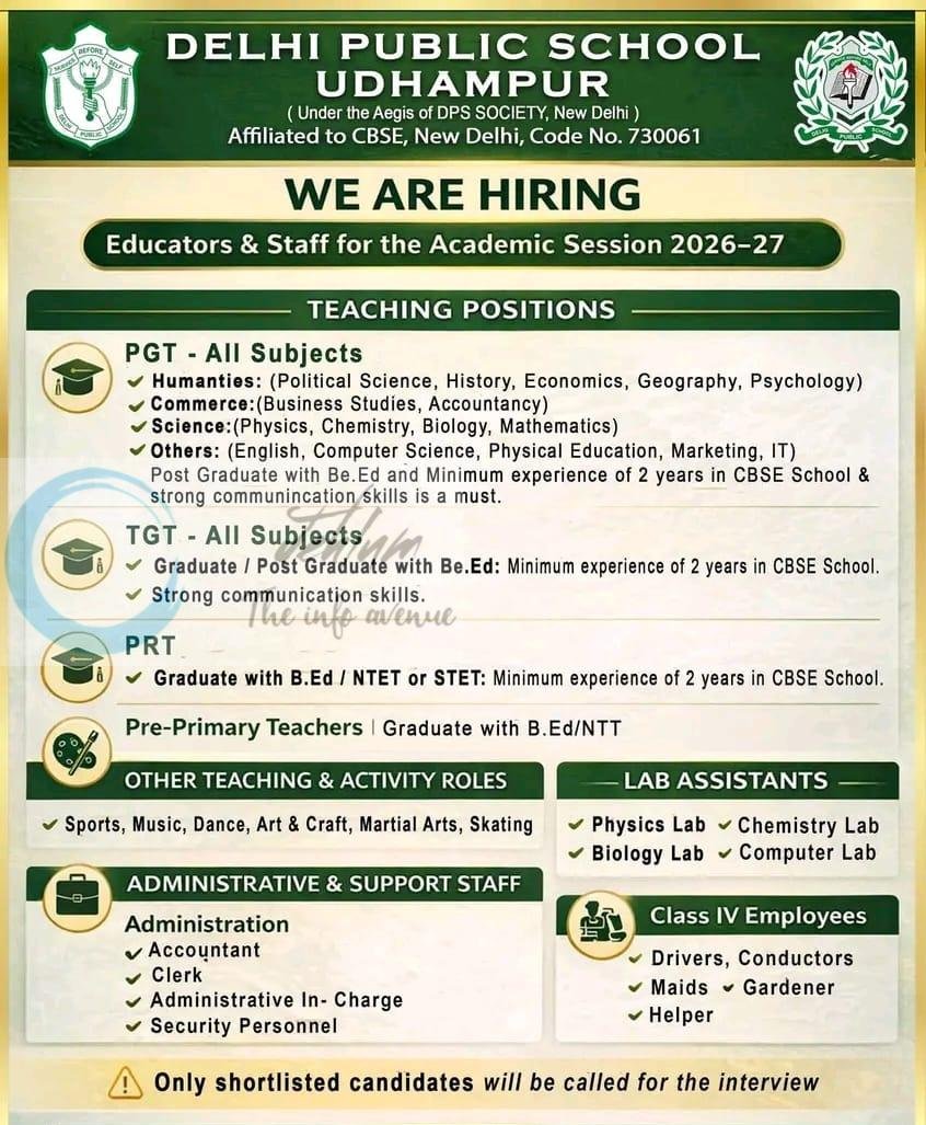 Delhi Public School Udhampur DPS Teaching Job opportunities 2026