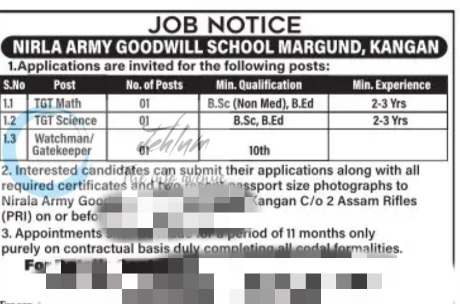 Army Goodwill School Kangan TGT teaching job opportunities 2026