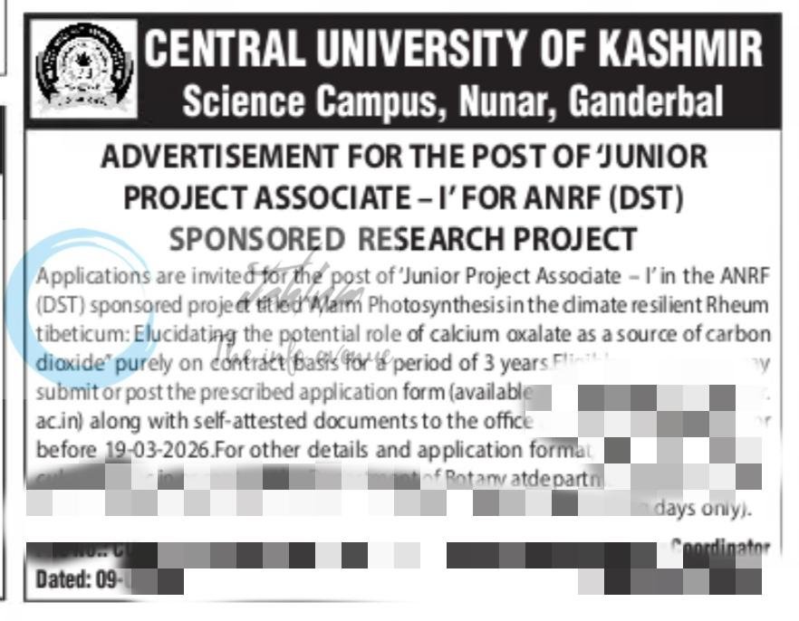 Central University of Kashmir CUK Botany JPA Job opportunities 2026