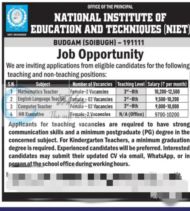 National Institute of Education and Techniques NIET Budgam teaching job opportunities 2026