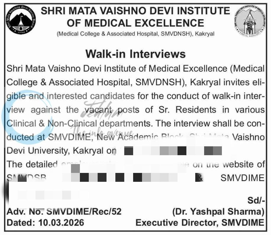 Shri Mata Vaishno Devi Institute of Medical Excellence SMVDIME Kakryal Senior Resident job opportunities Walk in 2026