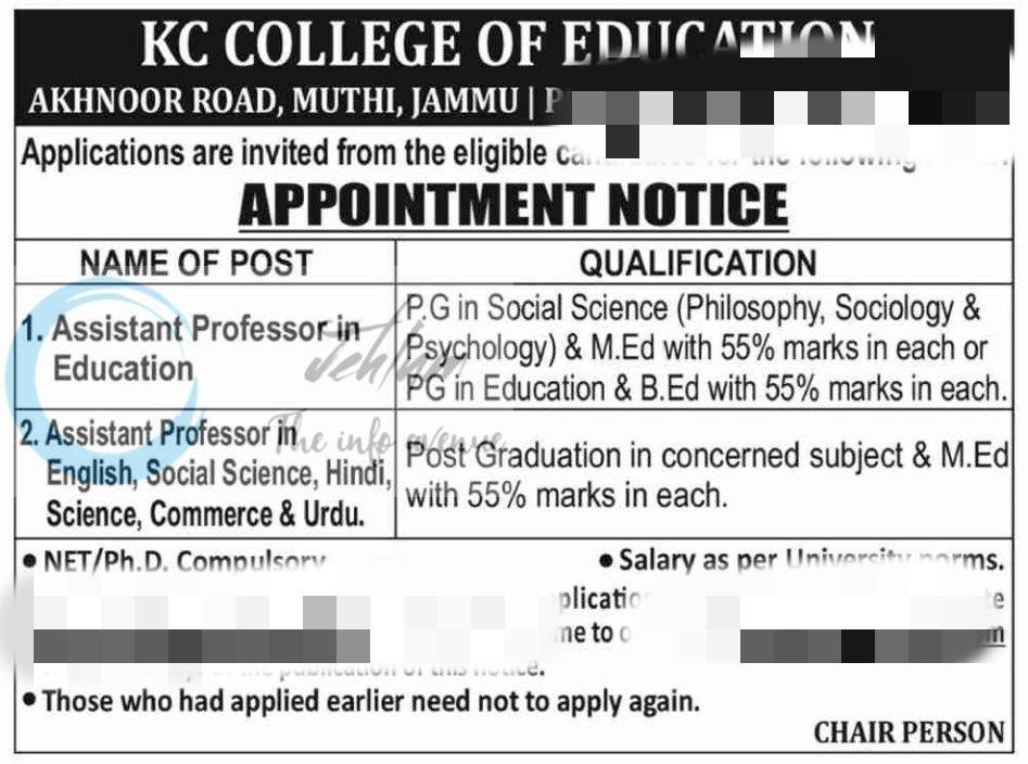 KC College of Education Jammu faculty job opportunities 2026