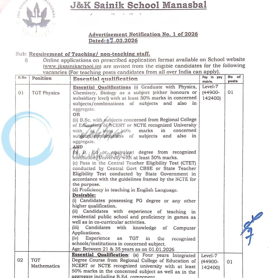 JK Sainik School Manasbal Teaching /Non-Teaching Jobs Advertisement Notification No 1 of 2026