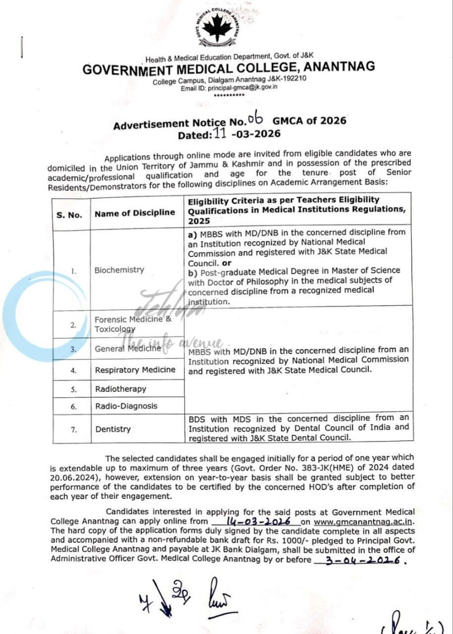 Government Medical College Anantnag GMCA Senior Residents/Demonstrators employment opportunities notice 06 GMCA of 2026 1 Government Medical College Anantnag GMCA Senior Residents/Demonstrators employment opportunities notice 06 GMCA of 2026