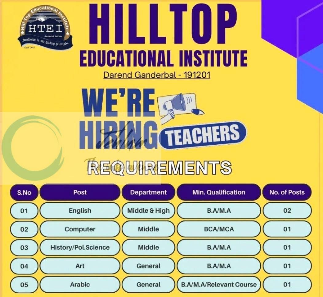 Hilltop Educational Institute Ganderbal teaching job opportunities 2026