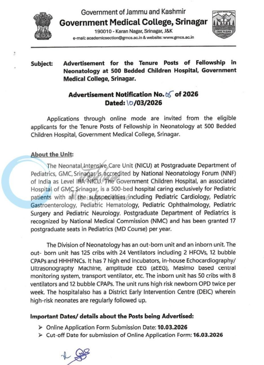 Government Medical College GMC Srinagar Neonatology fellowship opportunities notice 05 of 2026 1 Government Medical College GMC Srinagar Neonatology fellowship opportunities notice 05 of 2026