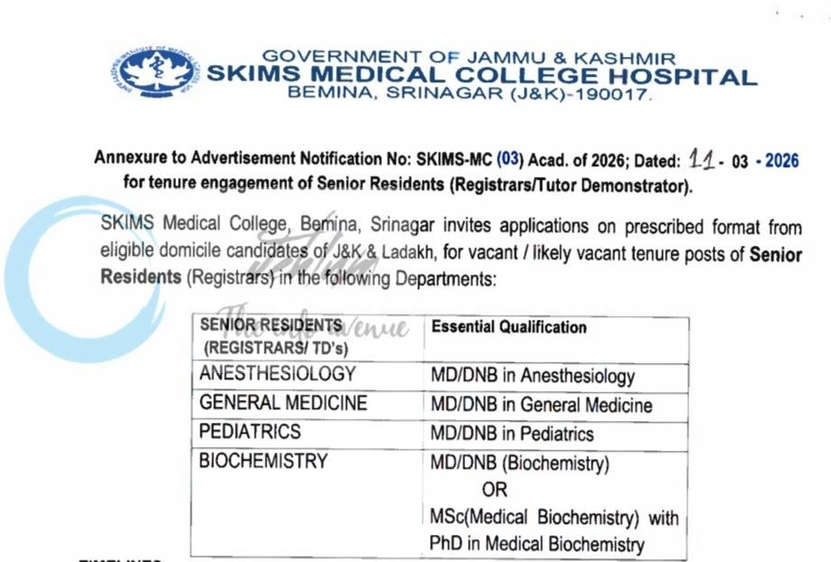 SKIMS MEDICAL COLLEGE HOSPITAL SKIMS-MC Bemina Srinagar Senior Residents employment opportunities notice SKIMS-MC 03 Acad of 2026