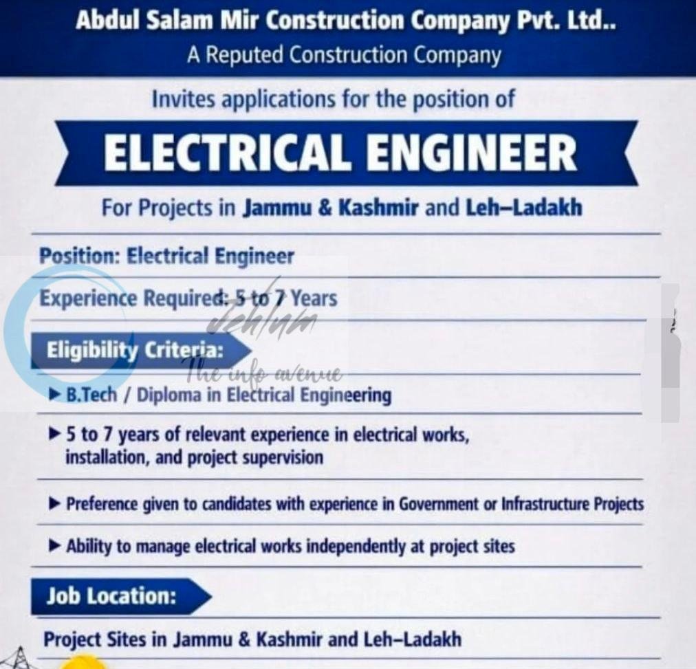 Abdul Salam Mir Construction Company Pvt Ltd ASMCC Electrical Engineer Jammu/Kashmir/Leh/Ladakh job opportunities 2026