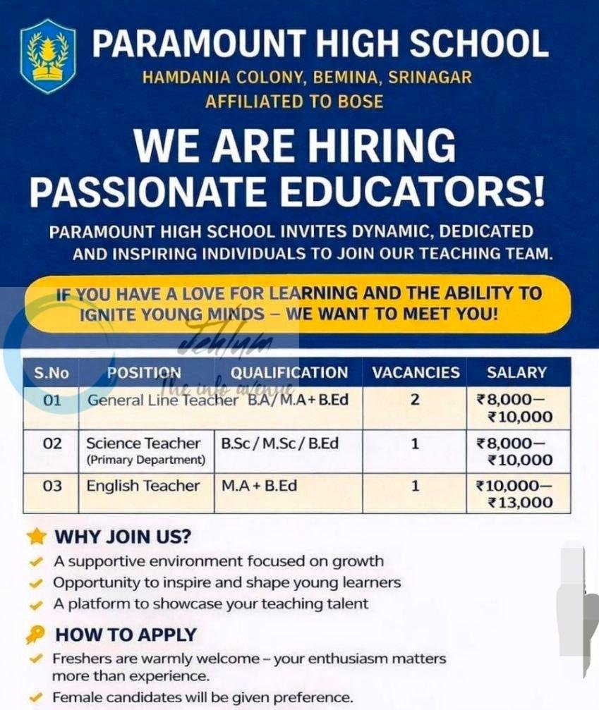 Paramount High School PHS Srinagar Teacher job opportunities 2026