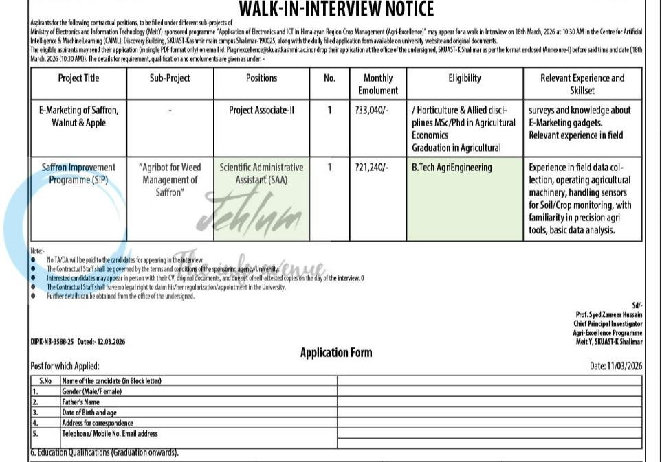 Sher-e-Kashmir University of Agricultural Sciences & Technology of Kashmir SKUAST-K Agri-Excellence Programme Shalimar Project Associate-II Scientific Administrative Assistant AU/FST/MeitY/2025-26/M-1/912-913