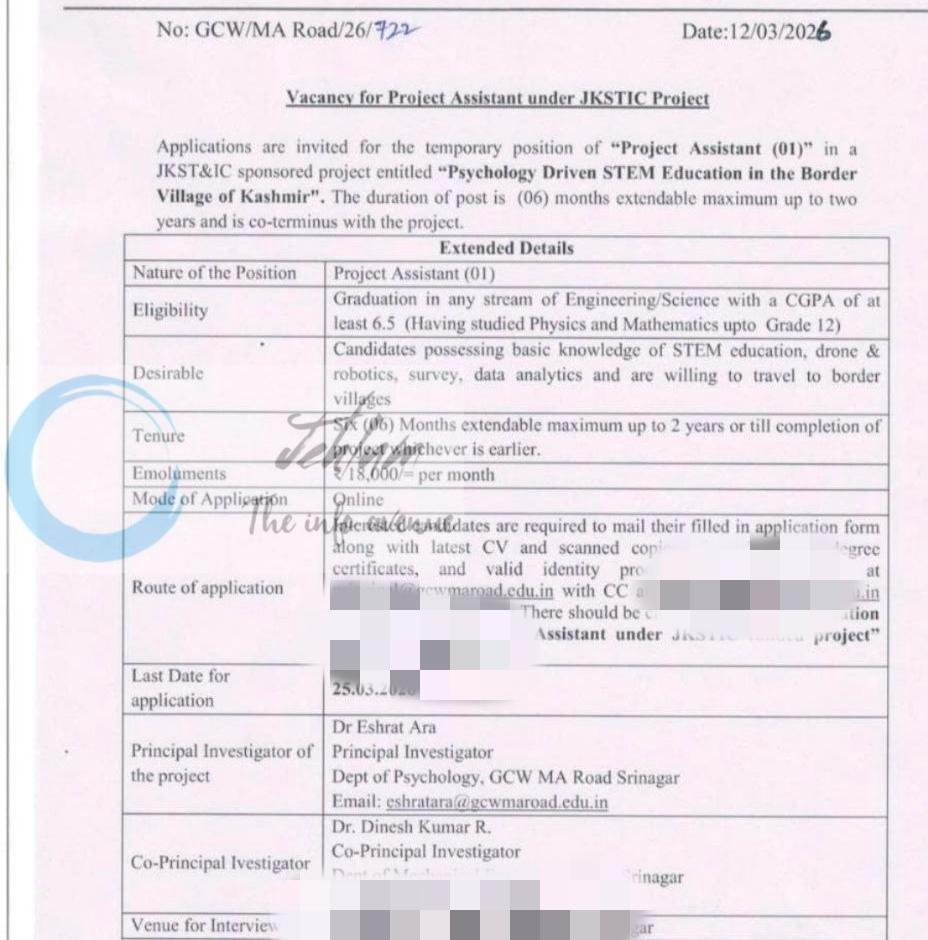 Govt College for Women GCW Srinagar Project Assistant employement opportunities notice GCW/MA Road/26/722
