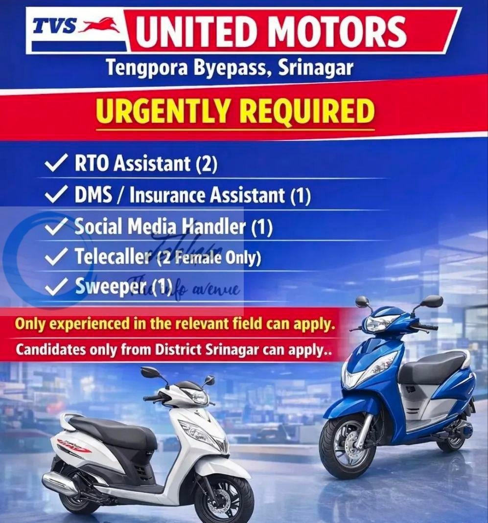UNITED MOTORS TVS Srinagar RTO Assistant/Telecaller/Social Media Handler 2026