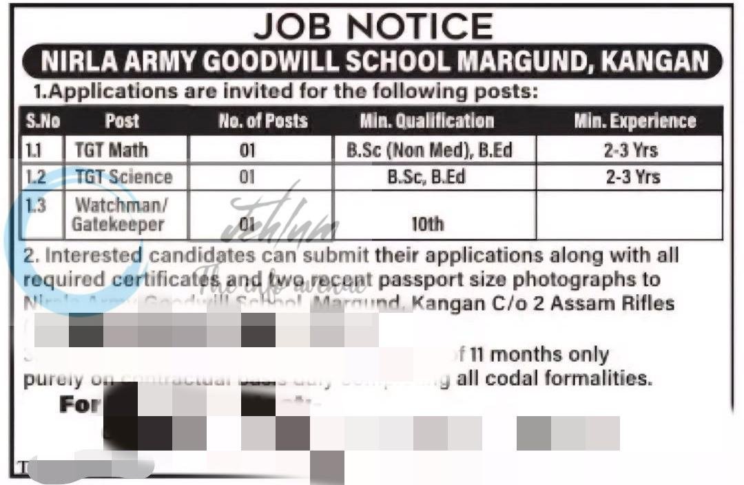 NIRALA ARMY GOODWILL SCHOOL NAGS MARGUND KANGAN education job opportunities 2026
