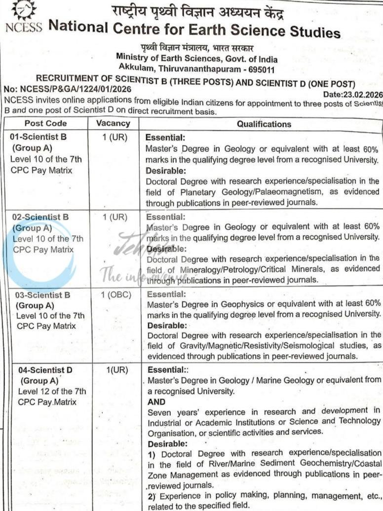 National Centre for Earth Science Studies NCESS Thiruvananthapuram Scientist B Scientist D job opportunities notice NCESS/PandGA/1224/01/2026