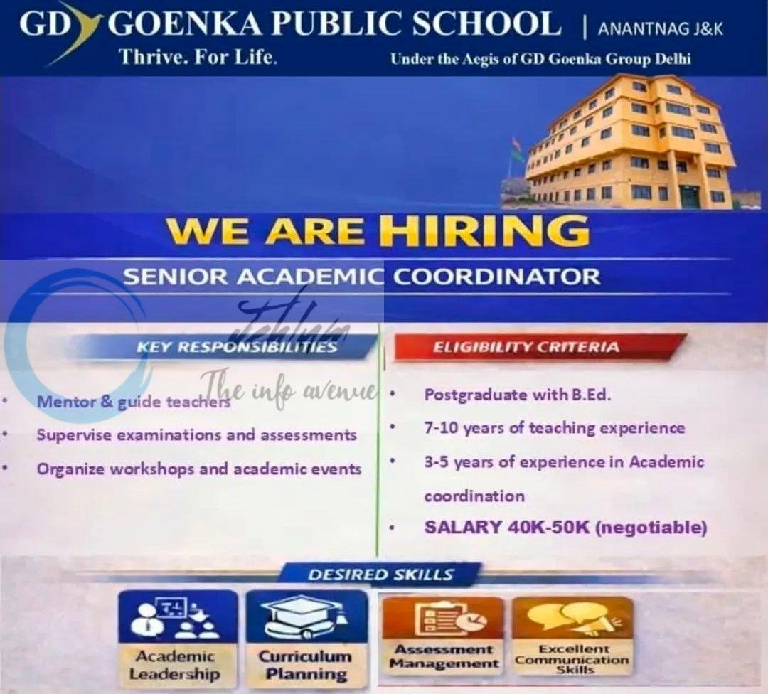 G D Goenka Public School GDGPS Anantnag Senior Academic Coordinator job opportunities 2026 1 G D Goenka Public School GDGPS Anantnag Senior Academic Coordinator job opportunities 2026