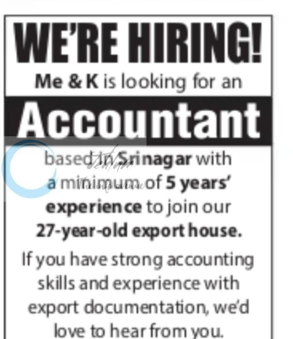 Me and K Srinagar Accountant job opportunities 2026