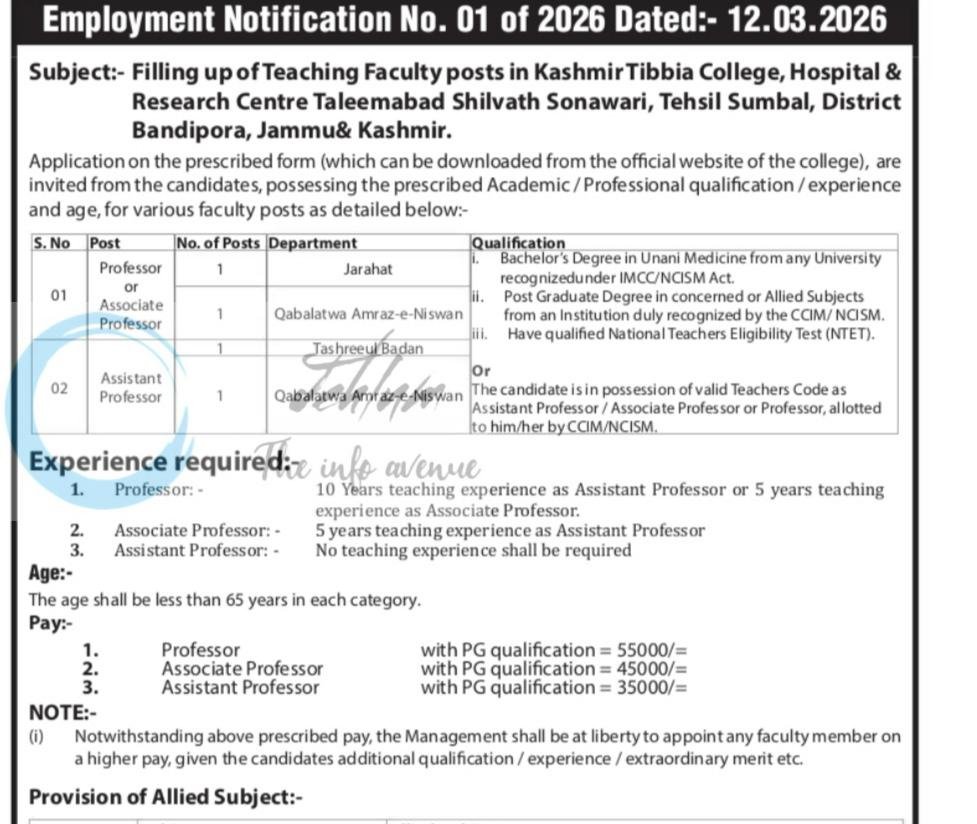 Kashmir Tibbia College Hospital and Research Centre KTCHRC Bandipora Professor Associate Professor Assistant Professor Employment opportunities Notice 01 of 2026