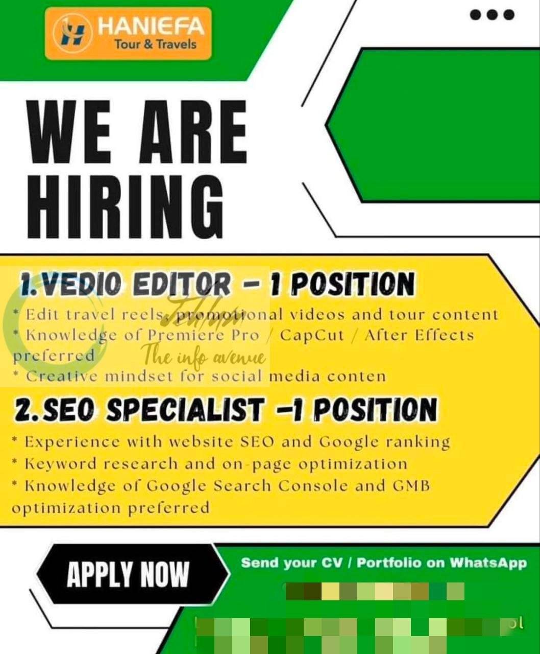 Haniefa Tour and Travels Srinagar Vedio Editor SEO Specialist job opportunities 2026