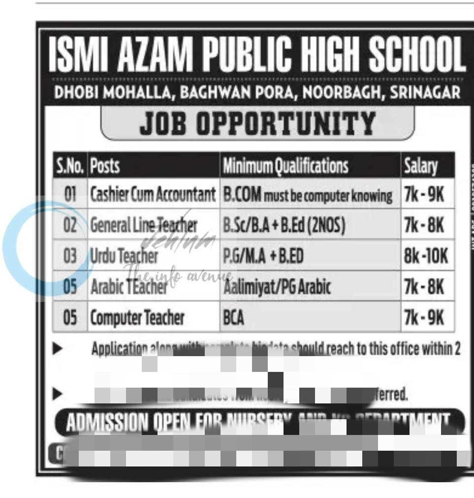 Ismi Azam Public High School Srinagar Urdu Teacher Computer Teacher Cashier job opportunities 2026