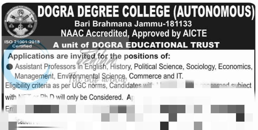 Dogra Degree College DDC Jammu Assistant Professors job opportunities 2026