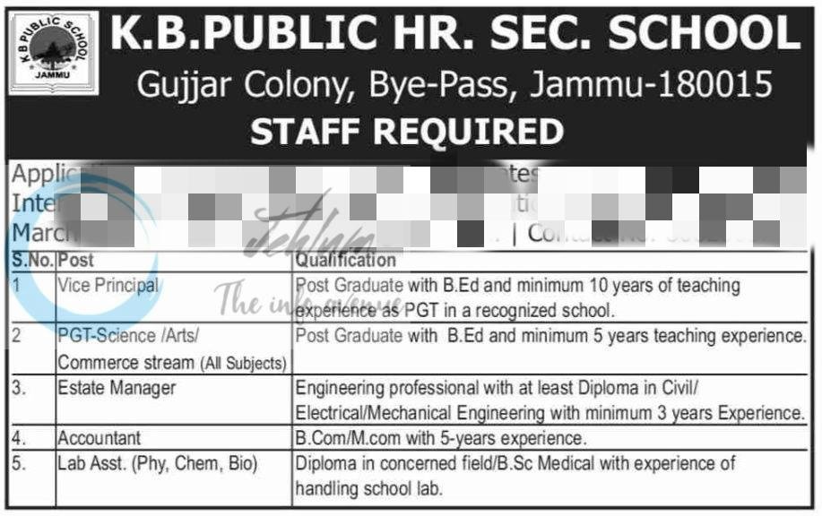 K B Public Hr Sec School Jammu Vice Principal PGT Estate Manager job opportunities 2026