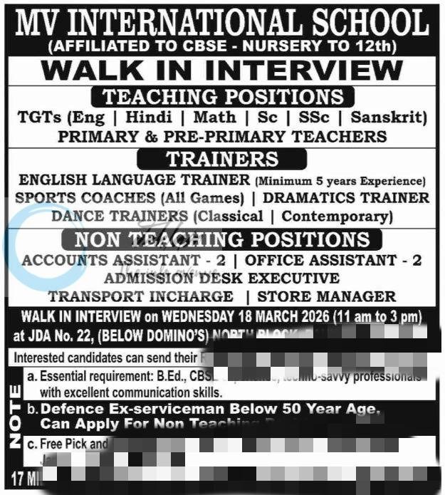 MV International School MVIS Jammu TGT Teachers job opportunities 2026