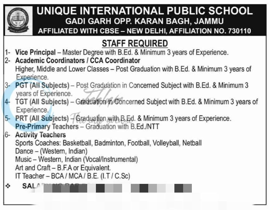 Unique International Public School UIPS Jammu teaching job opportunities 2026