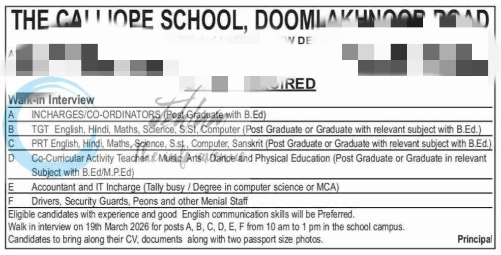 The Calliope School TCS Doomi Akhnoor Road teaching job opportunities 2026