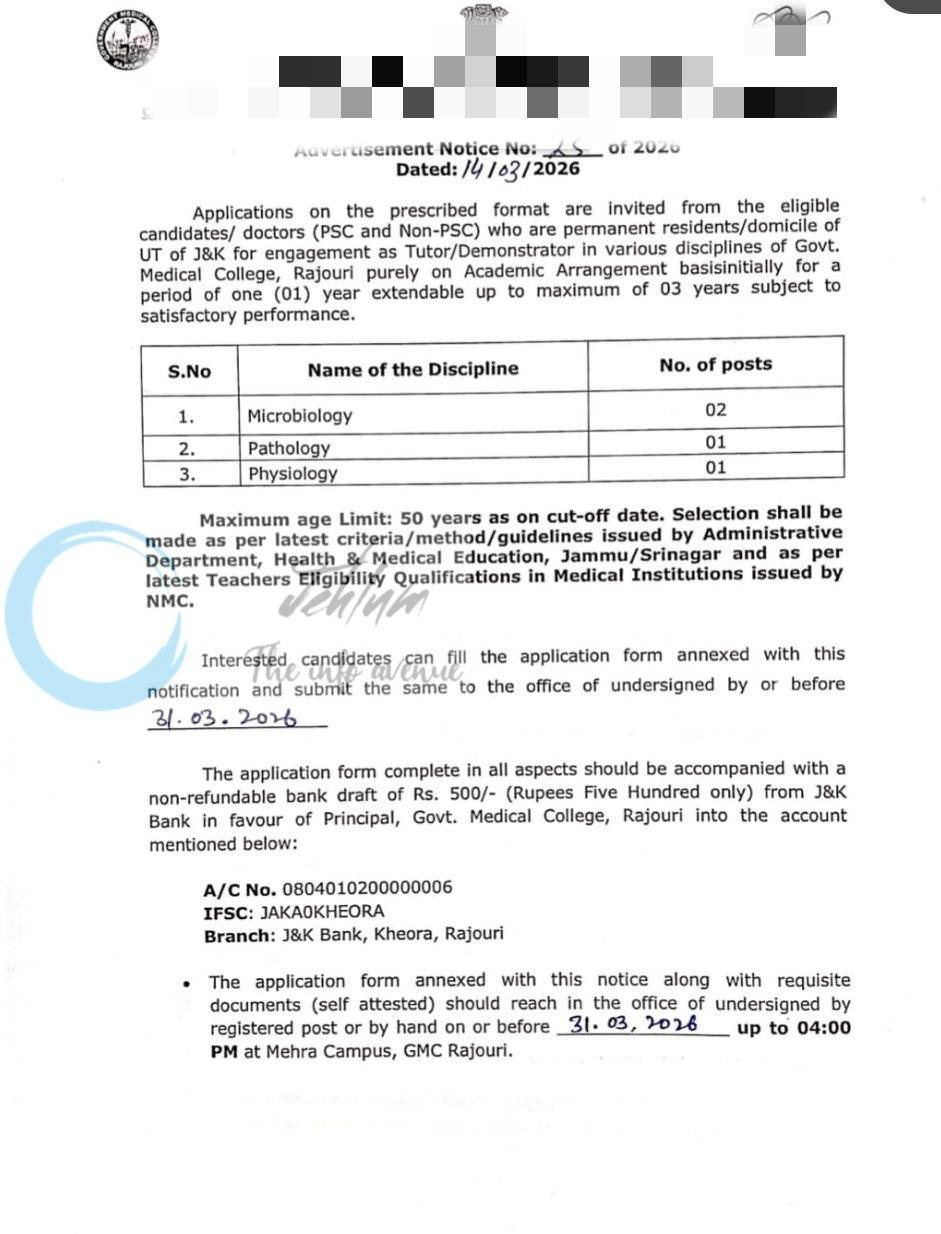 Government Medical College and Associated Hospital Rajouri GMC Rajouri Microbiology Pathology Physiology Tutor Demonstrator job opportunities notice 25 of 2026