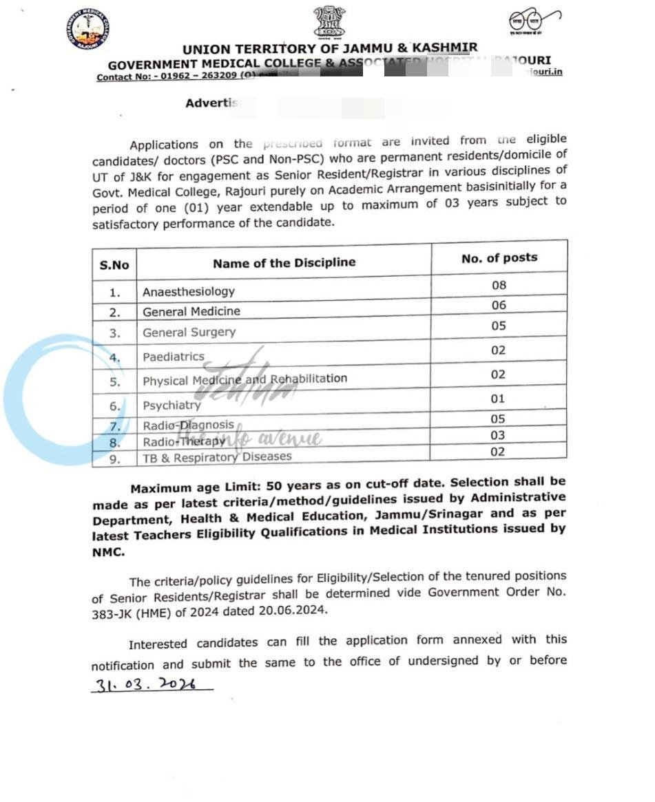 Government Medical College and Associated Hospital Rajouri GMC Rajouri Senior Resident/Registrar job opportunities notice 24 of 2026