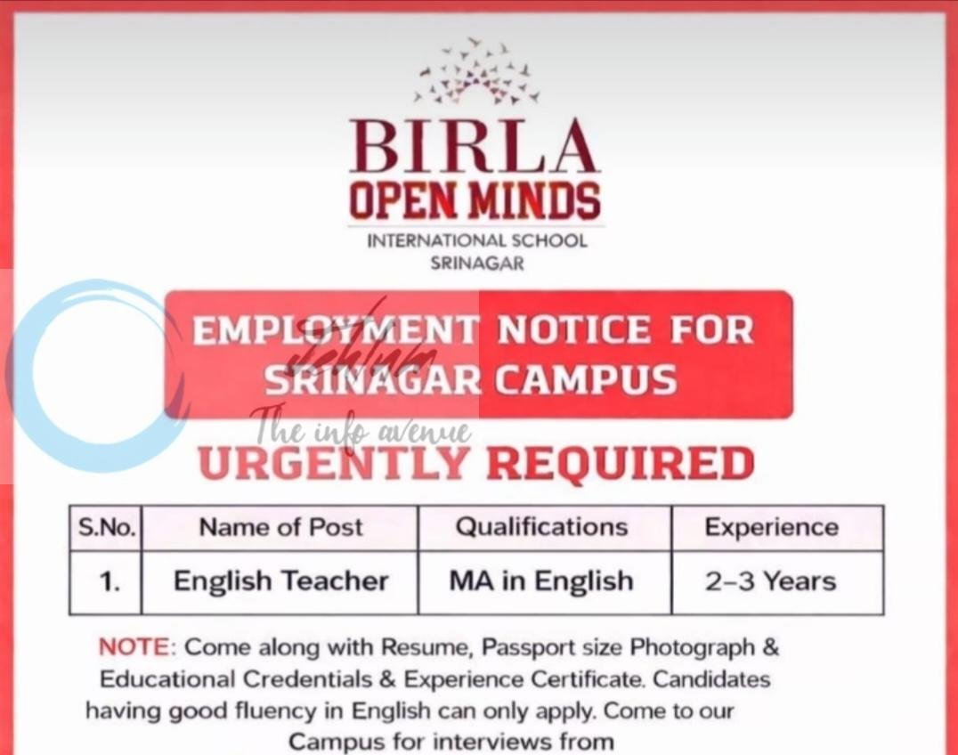 Birla Open Minds International School BOMIS Srinagar English Teacher Job Vacancy 2026 1 Birla Open Minds International School BOMIS Srinagar English Teacher Job Vacancy 2026