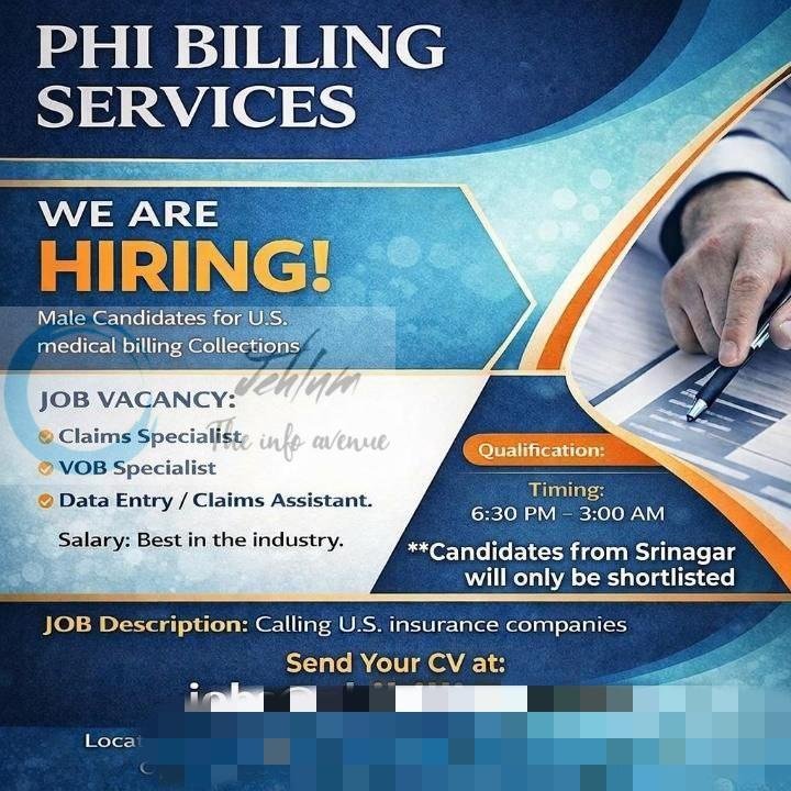 PHI Billing Services PHI Srinagar Claims Specialist VOB Specialist Data Entry Assistant job opportunities 2026
