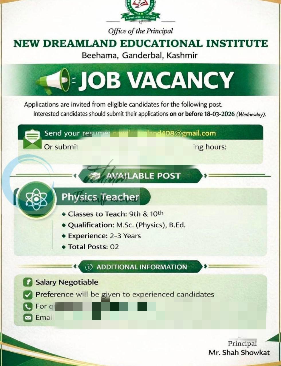 New Dreamland Educational Institute Ganderbal teaching job opportunities 2026