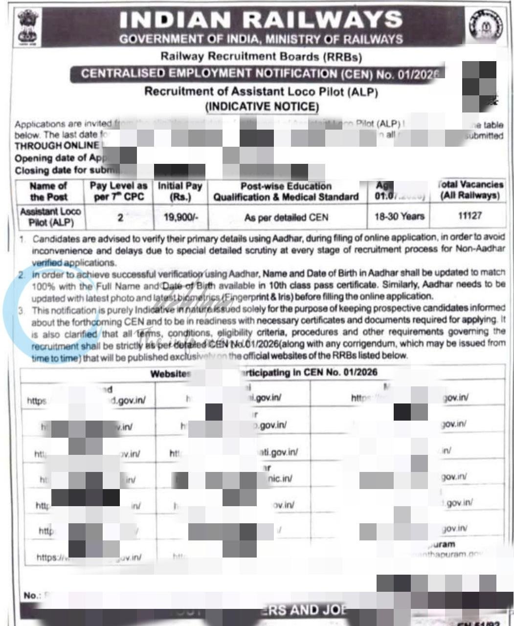 Indian Railways RRB Assistant Loco Pilot ALP Jammu Srinagar job opportunities notice 01/2026
