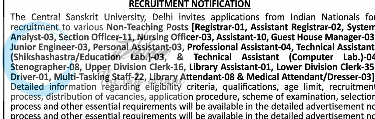 Central Sanskrit University CSU Delhi Lower Division Clerk Multi-Tasking Staff Stenographer employment opportunities notice 02/2026