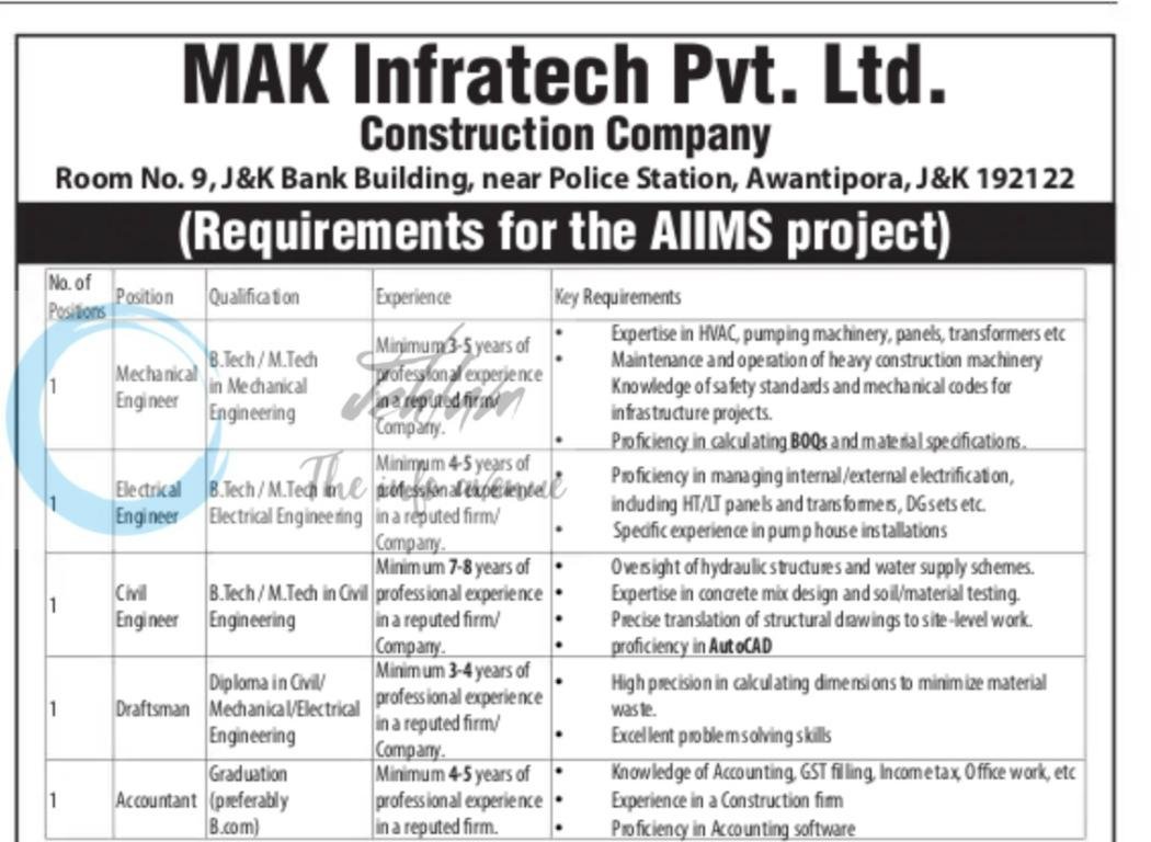 MAK Infratech Pvt Ltd Awantipora Mechanical Engineer Electrical Engineer Civil Engineer job opportunities 2026