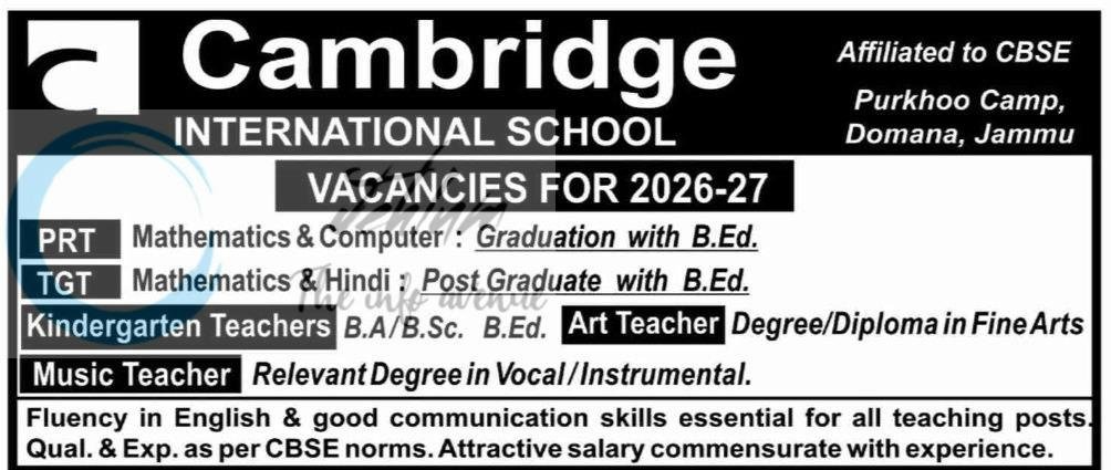 Cambridge International School CIS Jammu teaching job opportunities 2026