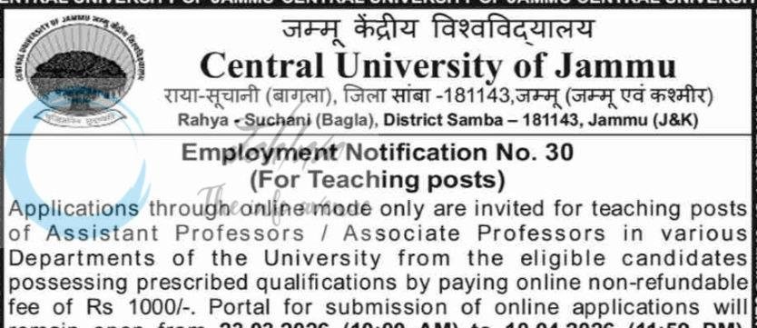 Central University of Jammu CUJ Samba Assistant Professors Associate Professors Employment opportunities notice 30 of 2026