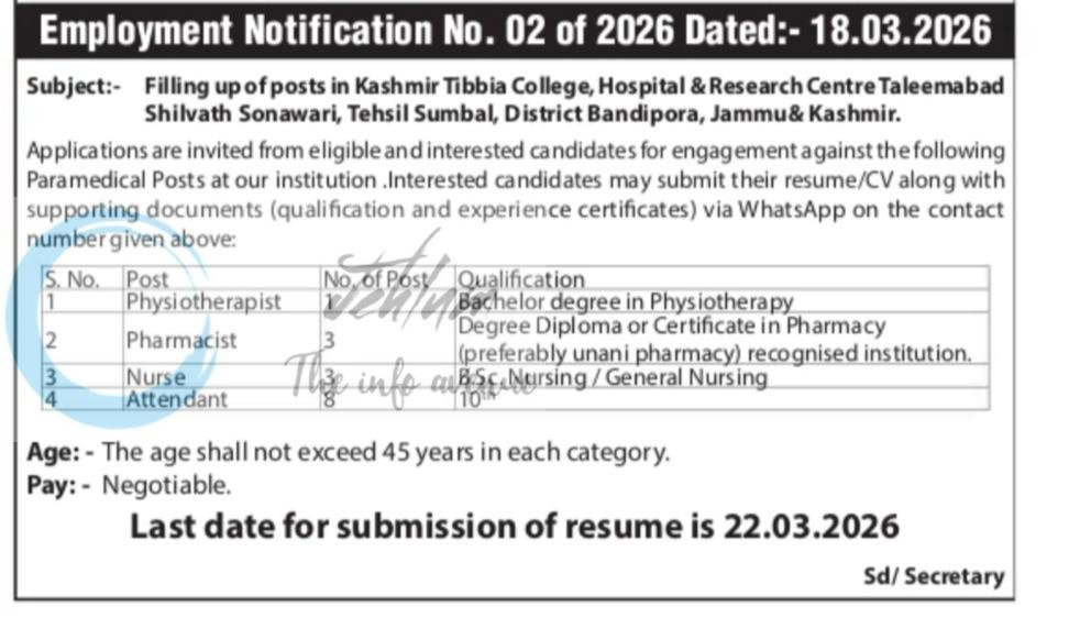 Kashmir Tibbia College Hospital and Research Centre KTCHRC Bandipora Physiotherapist Pharmacist Nurse job opportunities 02 of 2026