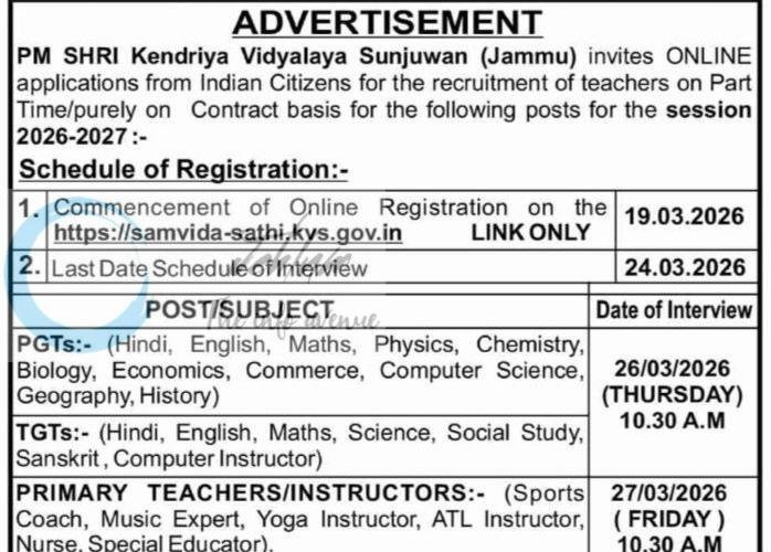 PM SHRI Kendriya Vidyalaya Sunjuwan KV Jammu teaching job opportunities 2026