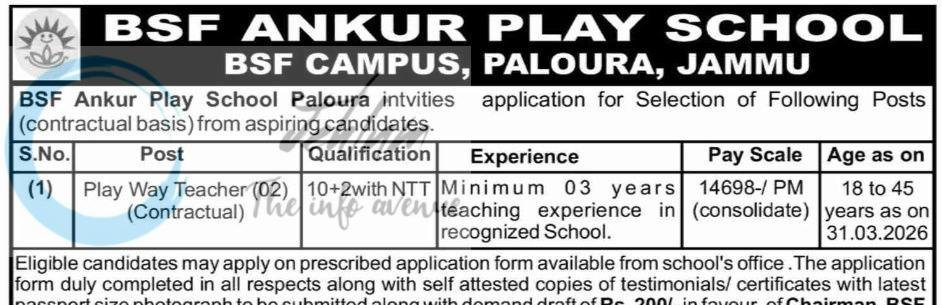 BSF Ankur Play School Paloura Jammu teaching job opportunities 2026