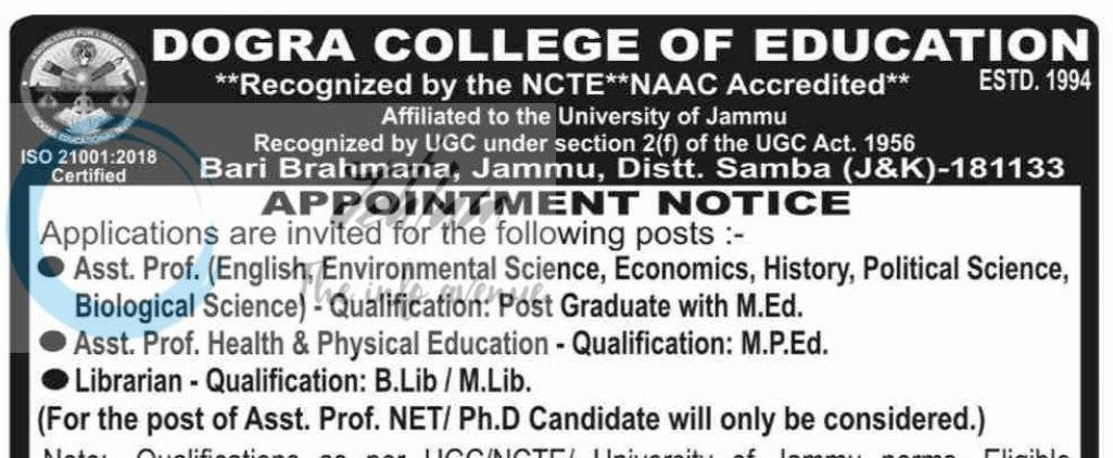 DOGRA COLLEGE OF EDUCATION Bari Brahmana Jammu Asst Prof Librarian job opportunities 2026