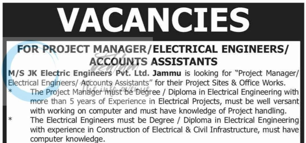 JK Electric Engineers Pvt Ltd JKEE Jammu Project Manager Electrical Engineers Accounts Assistants job opportunities 2026