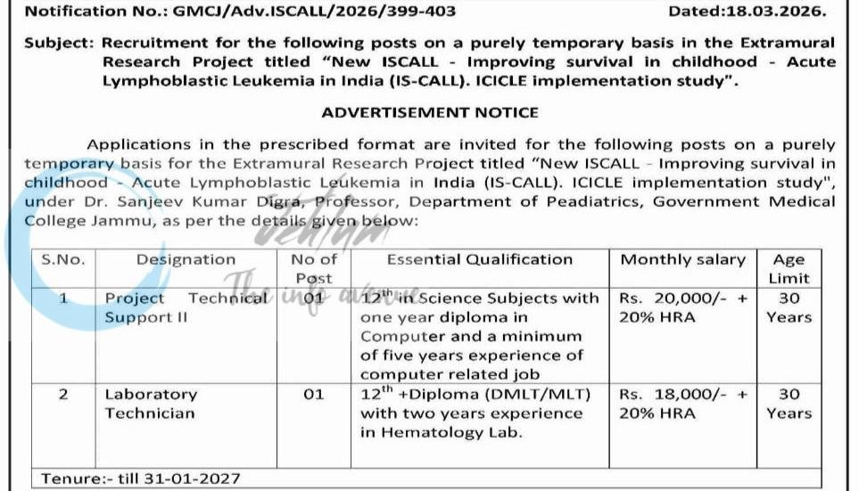 GOVERNMENT MEDICAL COLLEGE GMC JAMMU Pediatrics Technical Support Laboratory Technician job opportunities notice GMCJ/Adv/ISCALL/2026/399-403